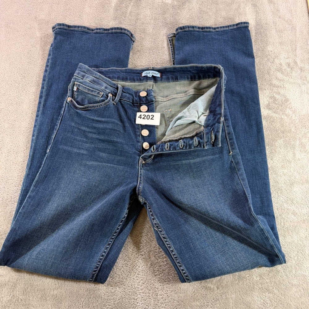 Dear John Flare Jeans Women 30 Blue Button Fly Side Slit Hem High Rise